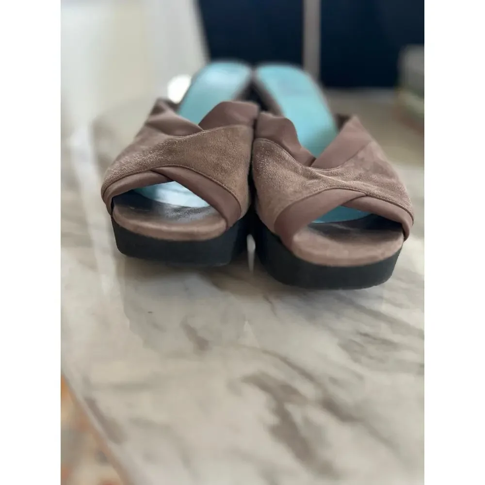 Thierry Rabotin Brown Suede & Fabric Wedge Peep Toe Sandal